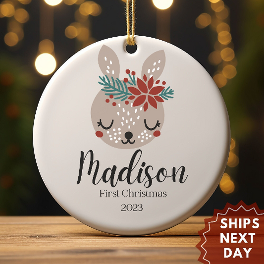 Baby's First Christmas Ornament - Personalized First Christmas Reindeer Ornament - Custom Baby Girl Reindeer Ornament