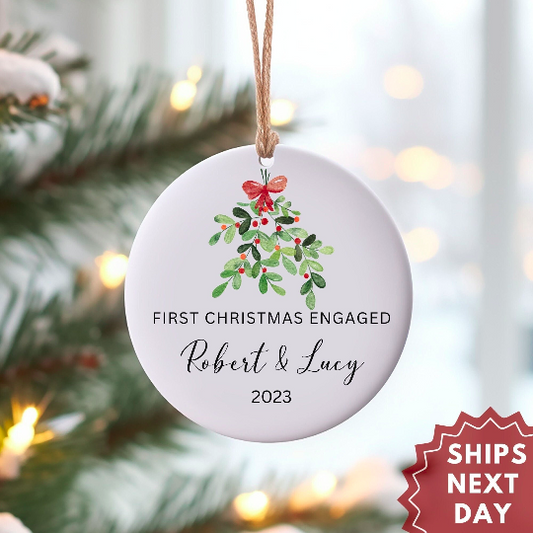Our First Christmas Engaged with Date Porcelain Ceramic Christmas Ornament, Engagement, Miss to Mrs., Couples Gift, Wedding, Keepsake, Cute