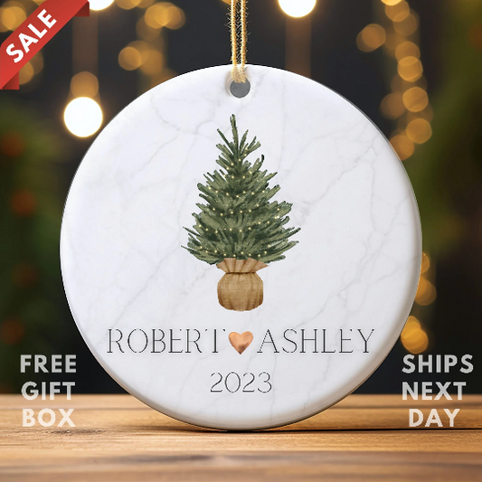 Personalized Couple Names and Date Porcelain Ceramic Christmas Ornament, Holiday, Custom, Christmas Gift, Couples Gift, Wedding, Keepsake